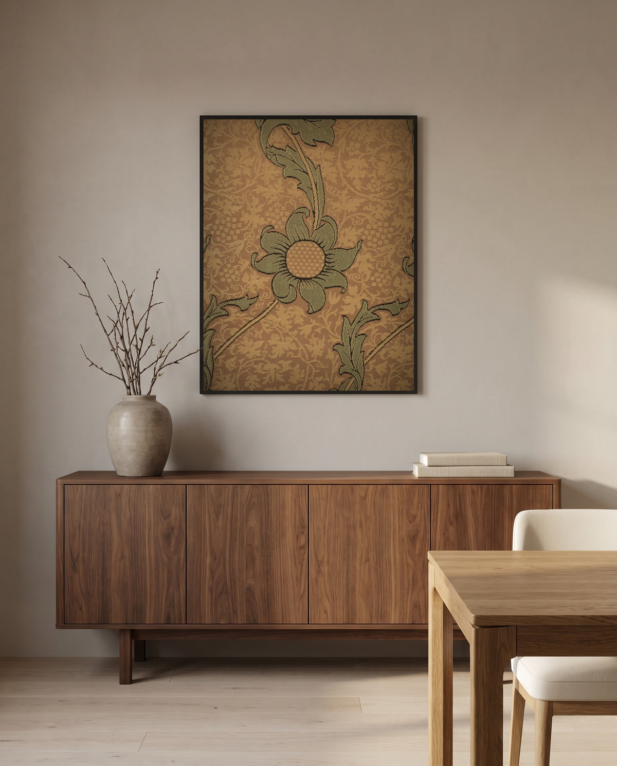 Kennet by William Morris in a black frame above a walnut sideboard in a dining room