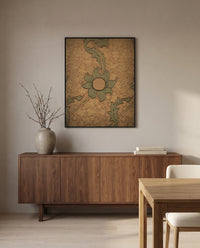 Kennet by William Morris in a black frame above a walnut sideboard in a dining room