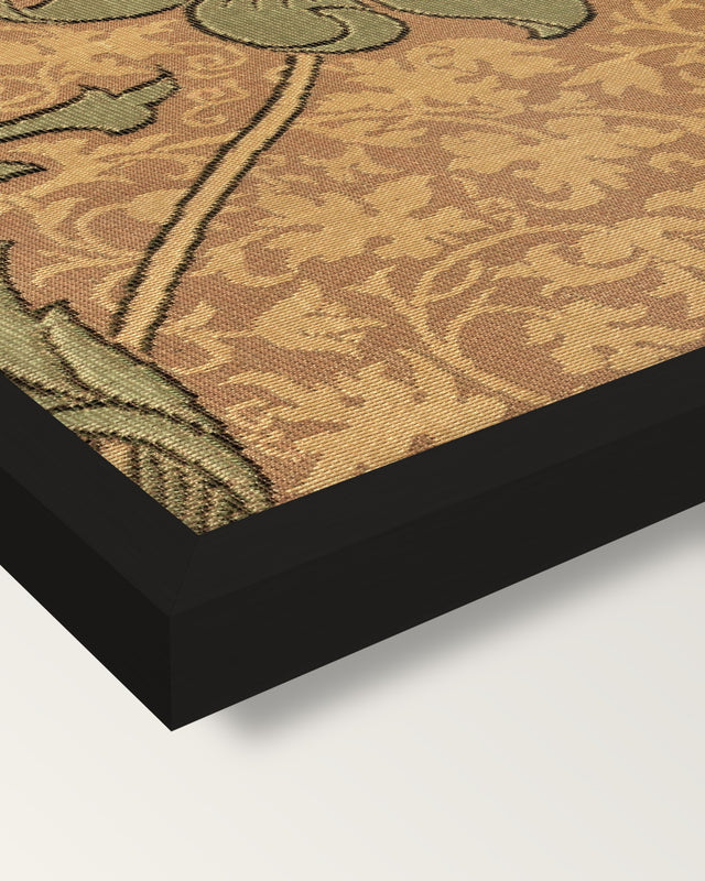 Kennet by William Morris framed print, corner close-up: black moulding, mitred, the print set just below its edge