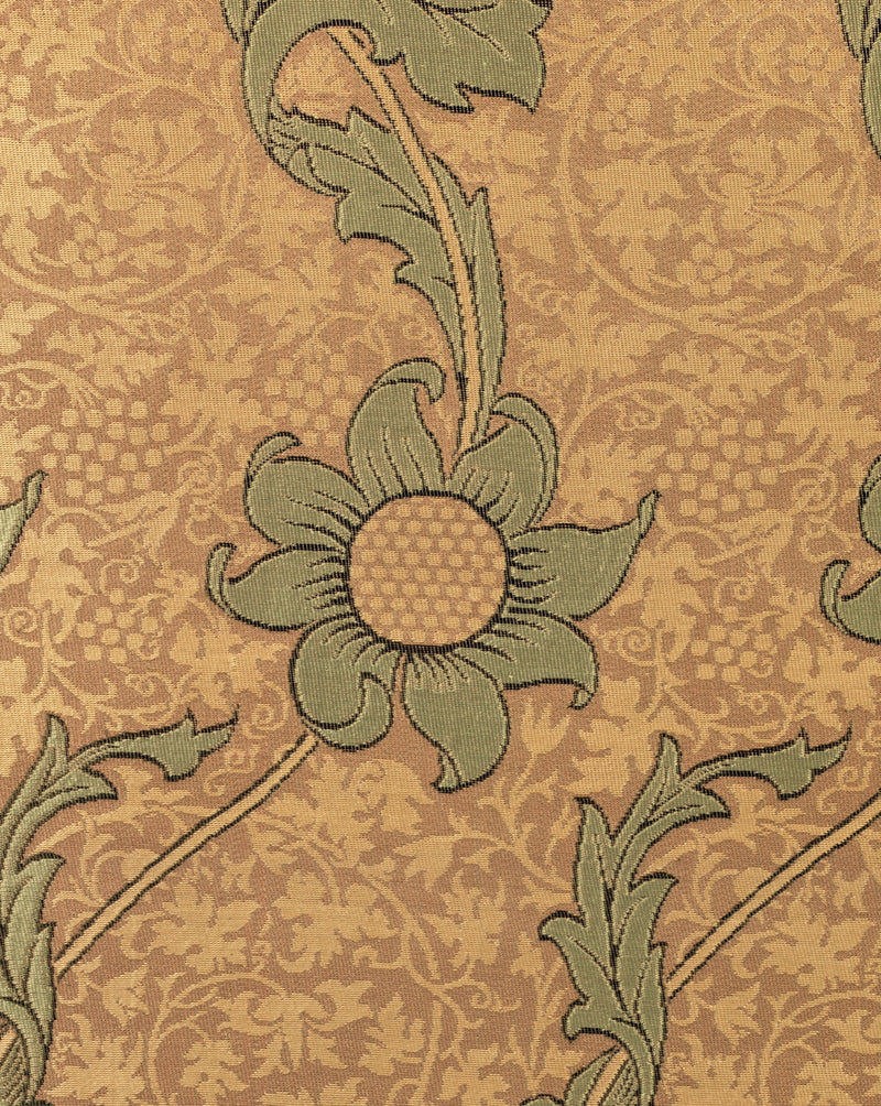 Kennet by William Morris: a large green flower and curling acanthus leaves woven on a golden silk ground of small leaves