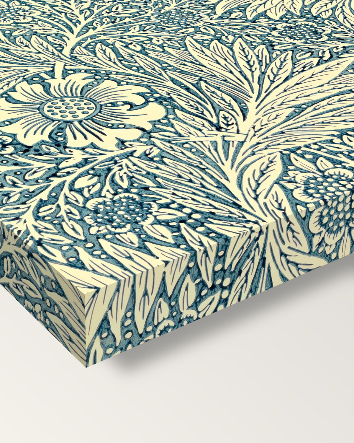 Marigold by William Morris on stretched canvas, corner close-up: the painting mirror-wrapped round the sides