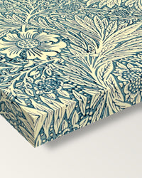 Marigold by William Morris on stretched canvas, corner close-up: the painting mirror-wrapped round the sides