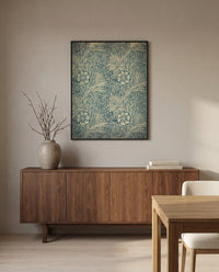 Marigold by William Morris in a black frame above a walnut sideboard in a dining room