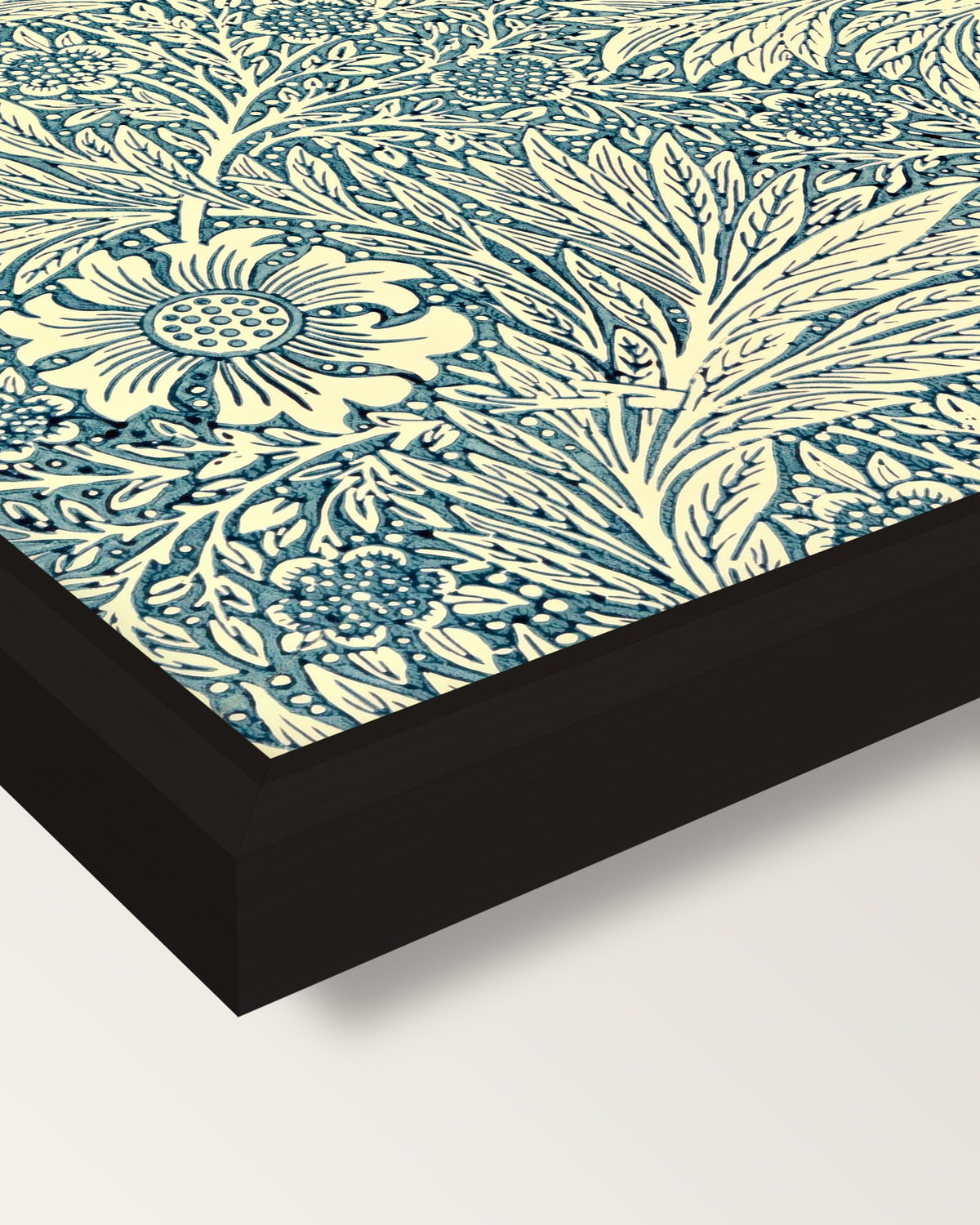 Marigold by William Morris framed canvas, corner close-up: a black floating frame with a shadow gap round the canvas