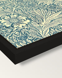 Marigold by William Morris framed canvas, corner close-up: a black floating frame with a shadow gap round the canvas