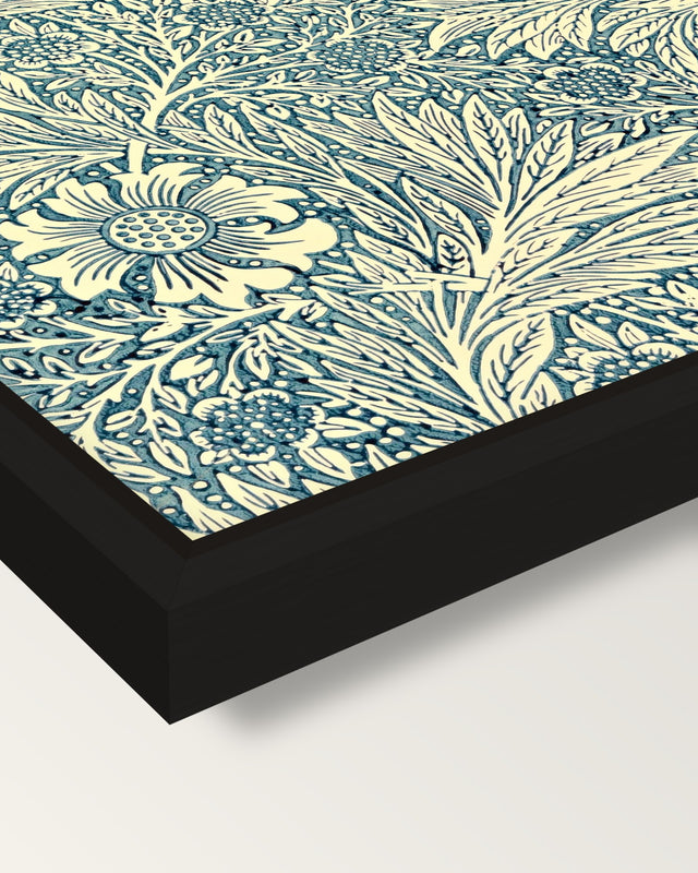 Marigold by William Morris framed canvas, corner close-up: a black floating frame with a shadow gap round the canvas