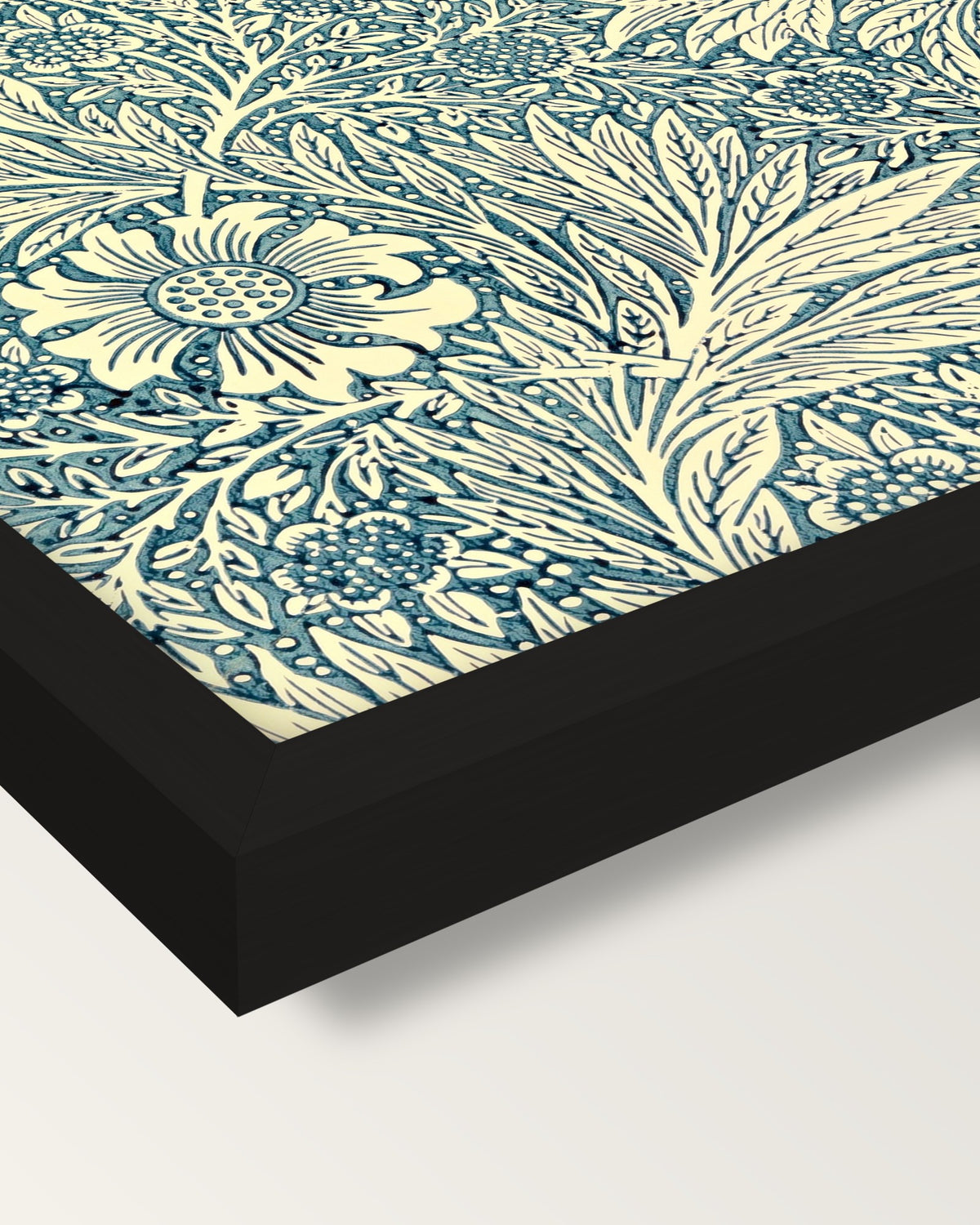Marigold by William Morris framed print, corner close-up: black moulding, mitred, the print set just below its edge