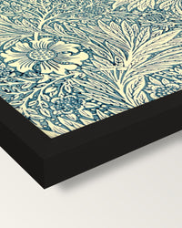 Marigold by William Morris framed print, corner close-up: black moulding, mitred, the print set just below its edge