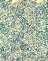 Marigold by William Morris: a dense pattern of marigold flowers and feathery leaves in blue on a pale cream ground