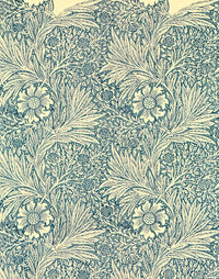 Marigold by William Morris: a dense pattern of marigold flowers and feathery leaves in blue on a pale cream ground