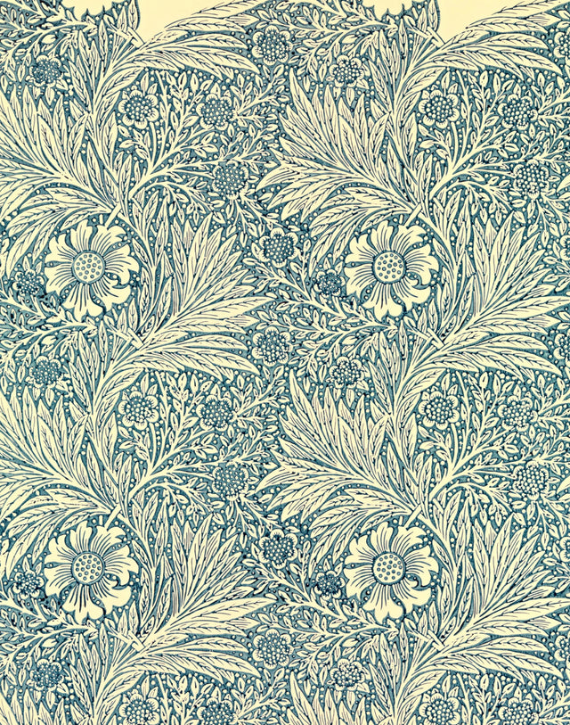 Marigold by William Morris: a dense pattern of marigold flowers and feathery leaves in blue on a pale cream ground