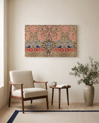 Peacock and Dragon by William Morris as a stretched canvas above a linen lounge chair in a reading corner