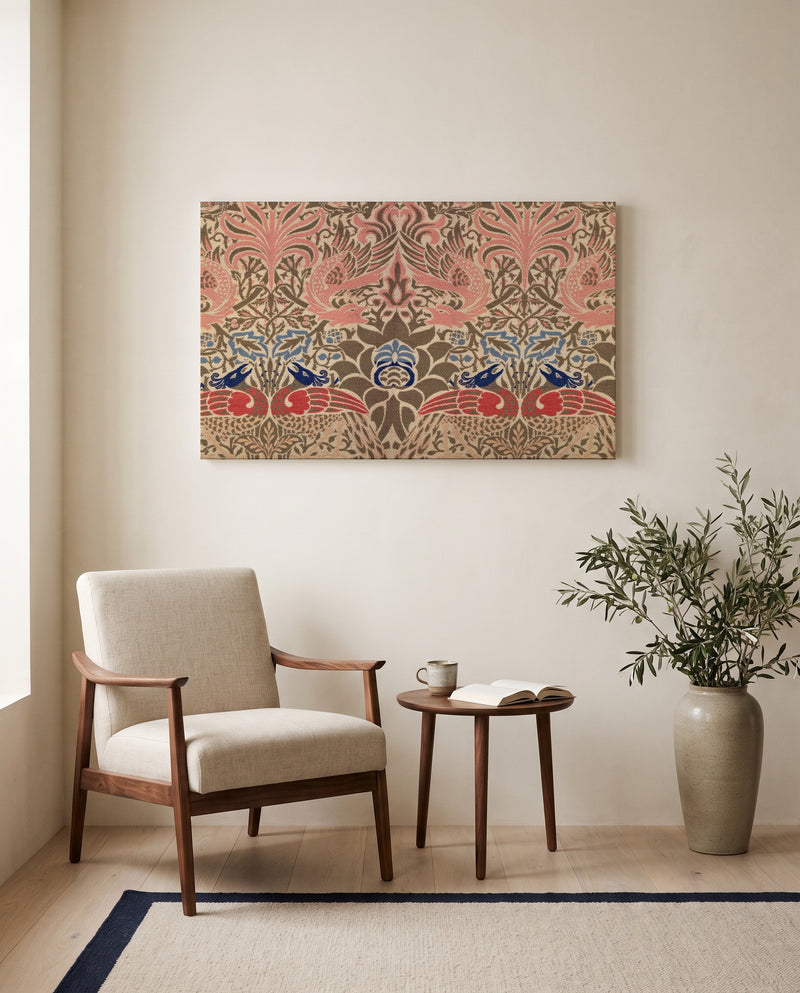 Peacock and Dragon by William Morris as a stretched canvas above a linen lounge chair in a reading corner