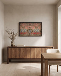 Peacock and Dragon by William Morris in a black frame above a walnut sideboard in a dining room