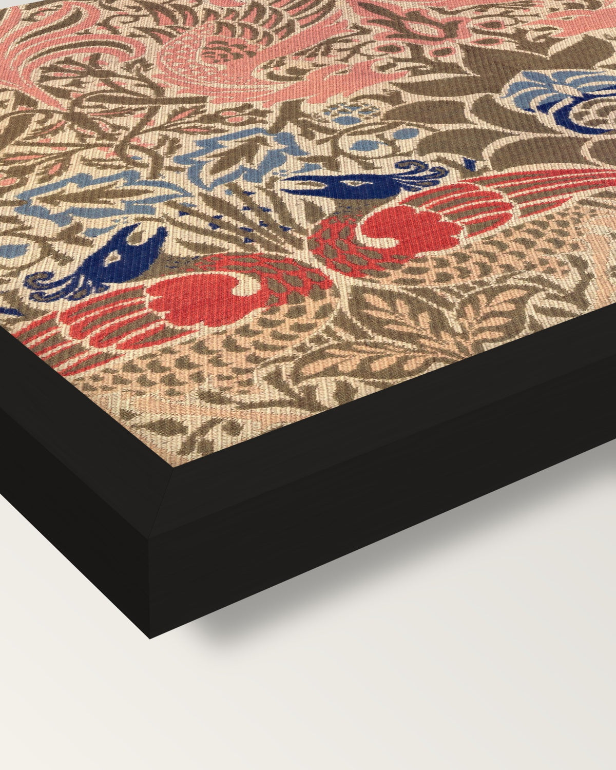 Peacock and Dragon by William Morris framed print, corner close-up: black moulding, mitred, the print set just below its edge
