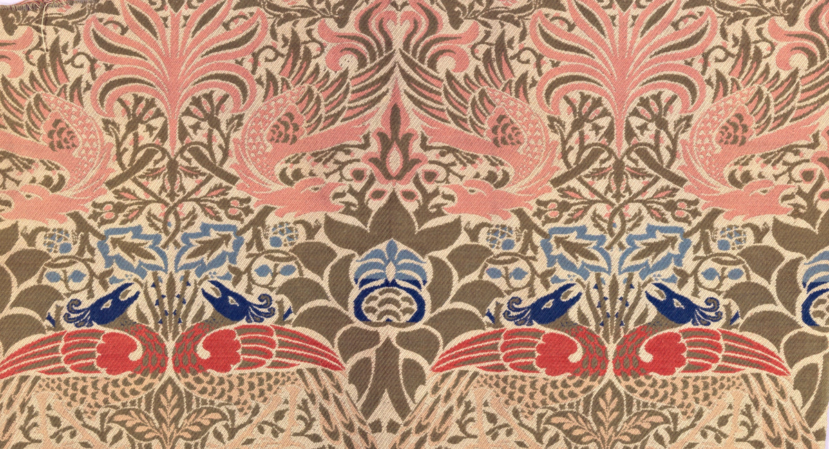 Peacock and Dragon by William Morris: pairs of pink dragons and red-and-blue peacocks among interlacing branches