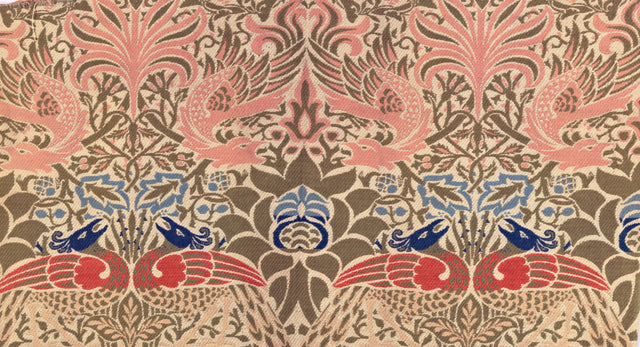 Peacock and Dragon by William Morris: pairs of pink dragons and red-and-blue peacocks among interlacing branches