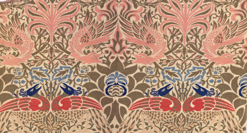 Peacock and Dragon by William Morris: pairs of pink dragons and red-and-blue peacocks among interlacing branches