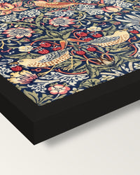 Strawberry Thief by William Morris framed print, corner close-up: black moulding, mitred, the print set just below its edge