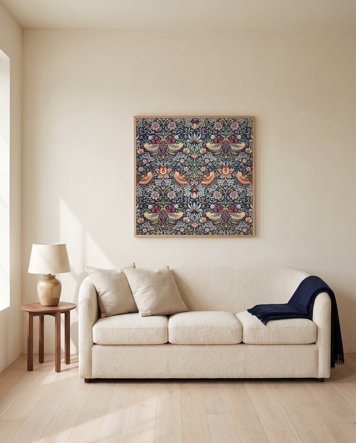 Strawberry Thief by William Morris framed in natural oak above a cream sofa in a warm living room