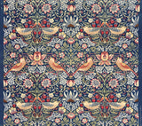 Strawberry Thief by William Morris: pairs of speckled thrushes with red strawberries among flowers on deep indigo blue