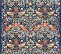 Strawberry Thief by William Morris: pairs of speckled thrushes with red strawberries among flowers on deep indigo blue
