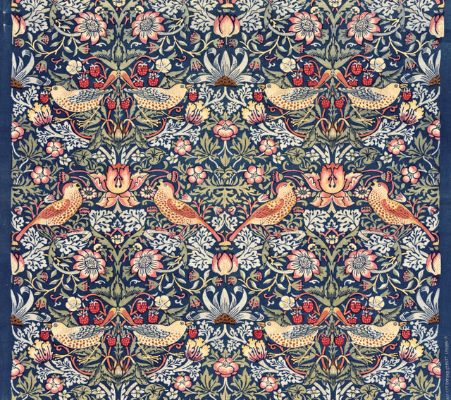 Strawberry Thief by William Morris: pairs of speckled thrushes with red strawberries among flowers on deep indigo blue