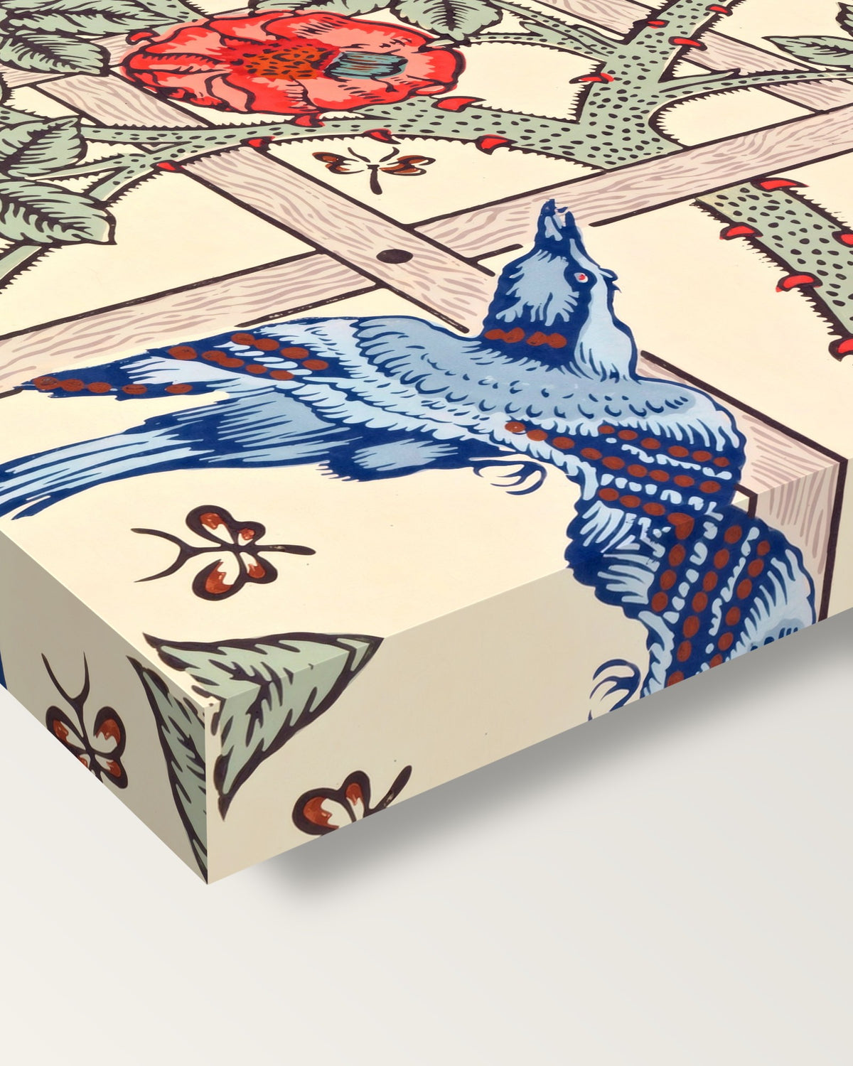 Trellis by William Morris on stretched canvas, corner close-up: the painting mirror-wrapped round the sides