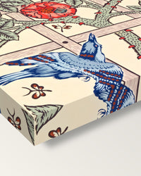 Trellis by William Morris on stretched canvas, corner close-up: the painting mirror-wrapped round the sides