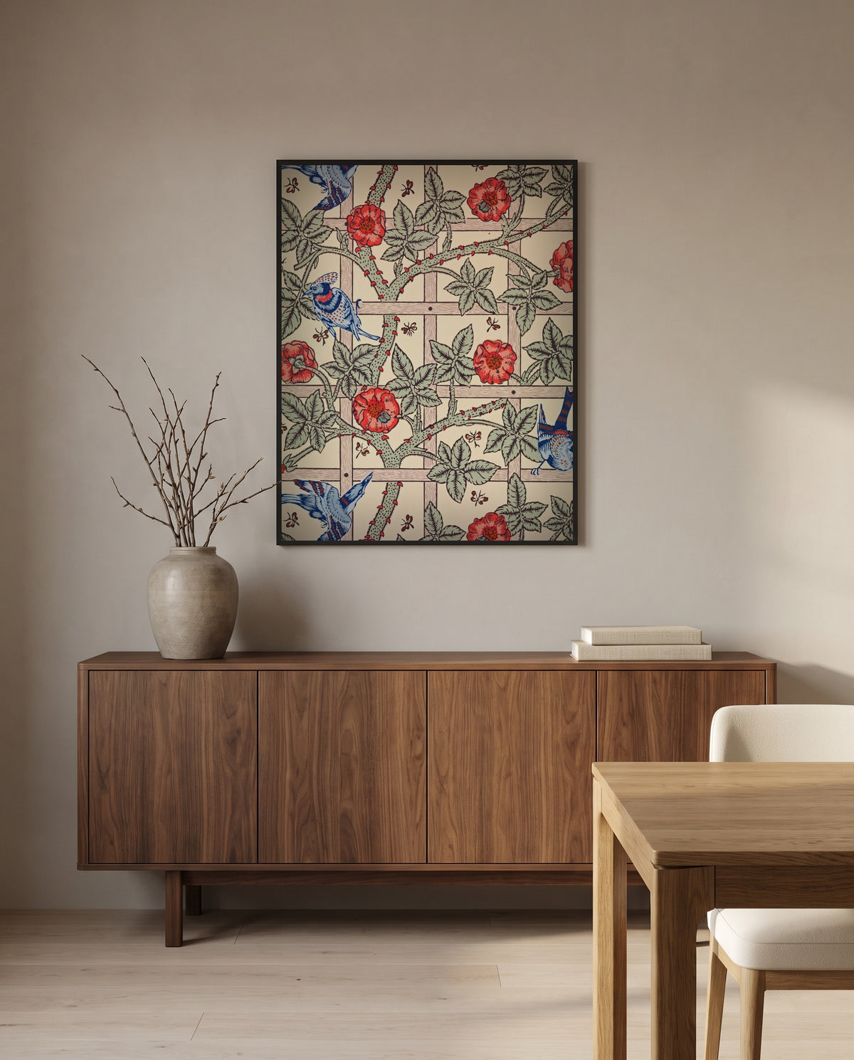 Trellis by William Morris in a black frame above a walnut sideboard in a dining room