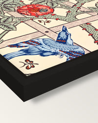 Trellis by William Morris framed canvas, corner close-up: a black floating frame with a shadow gap round the canvas