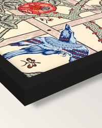 Trellis by William Morris framed print, corner close-up: black moulding, mitred, the print set just below its edge
