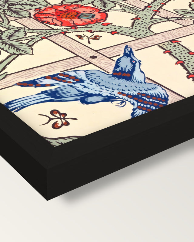 Trellis by William Morris framed print, corner close-up: black moulding, mitred, the print set just below its edge