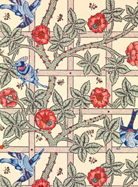 Trellis by William Morris: red roses and green leaves climbing a wooden trellis, small blue birds, a pale ground