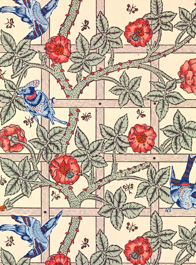 Trellis by William Morris: red roses and green leaves climbing a wooden trellis, small blue birds, a pale ground