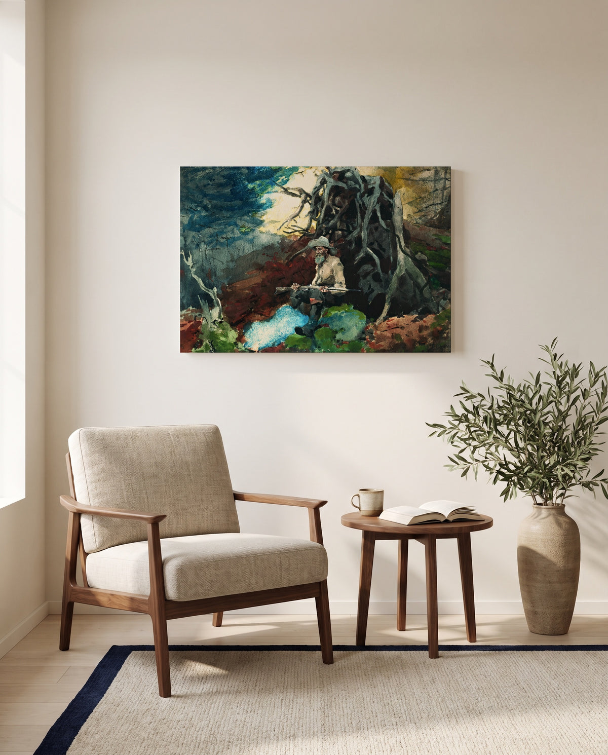 Campfire, Adirondacks by Winslow Homer as a stretched canvas above a linen lounge chair in a reading corner