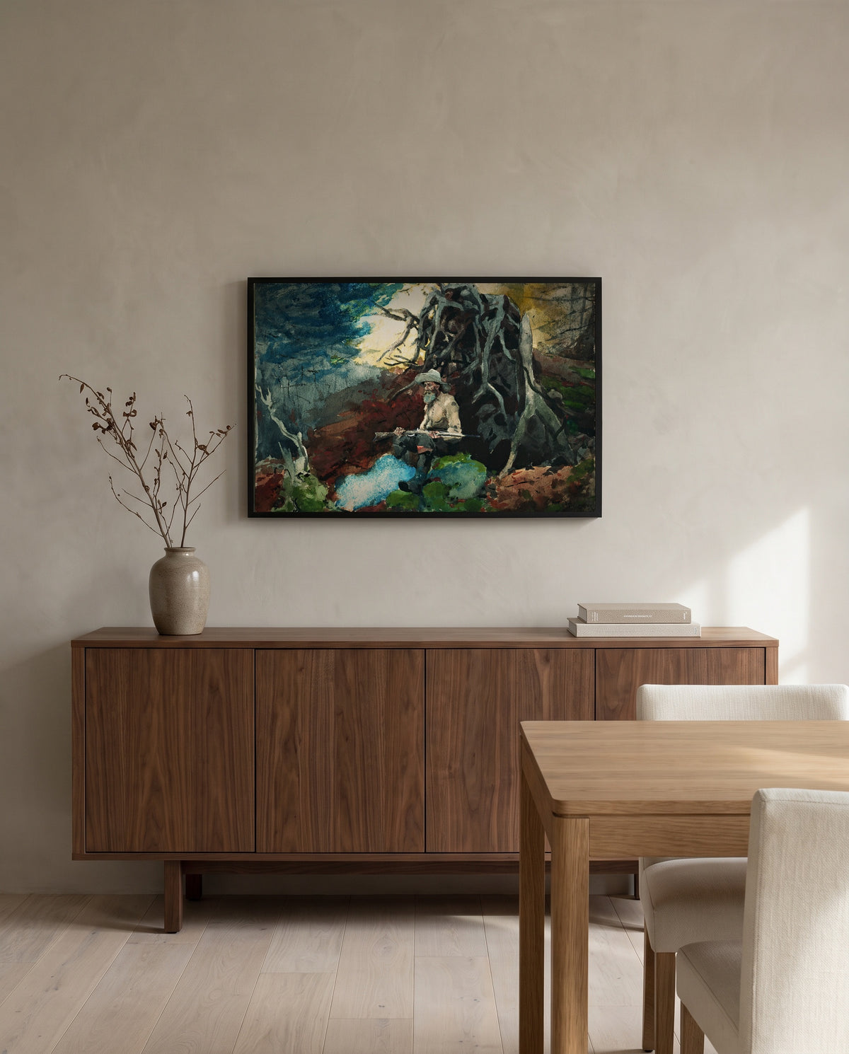 Campfire, Adirondacks by Winslow Homer in a black frame above a walnut sideboard in a dining room