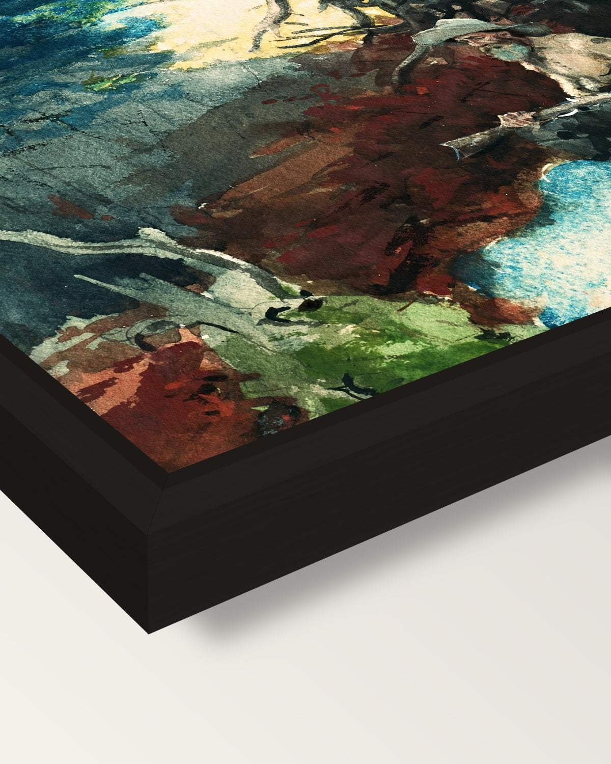 Campfire, Adirondacks by Homer framed canvas, corner close-up: a black floating frame with a shadow gap round the canvas