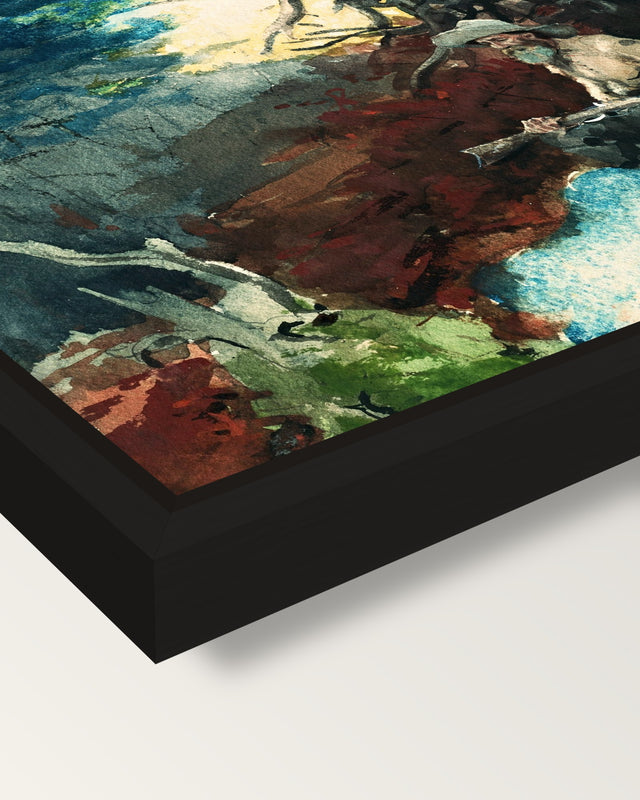 Campfire, Adirondacks by Homer framed canvas, corner close-up: a black floating frame with a shadow gap round the canvas