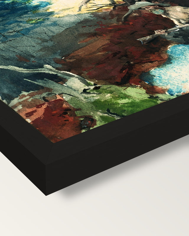 Campfire, Adirondacks by Homer framed print, corner close-up: black moulding, mitred, the print set just below its edge