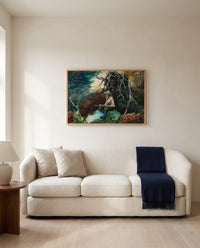 Campfire, Adirondacks by Winslow Homer framed in natural oak above a cream sofa in a warm living room