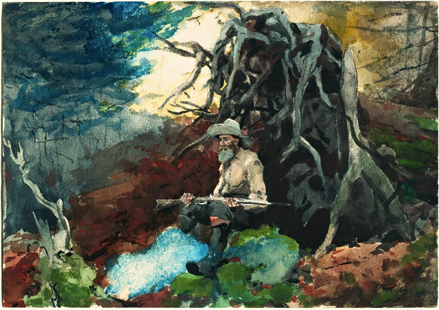 Campfire, Adirondacks by Winslow Homer: a bearded guide resting beside a smoky campfire among the huge roots of a fallen tree