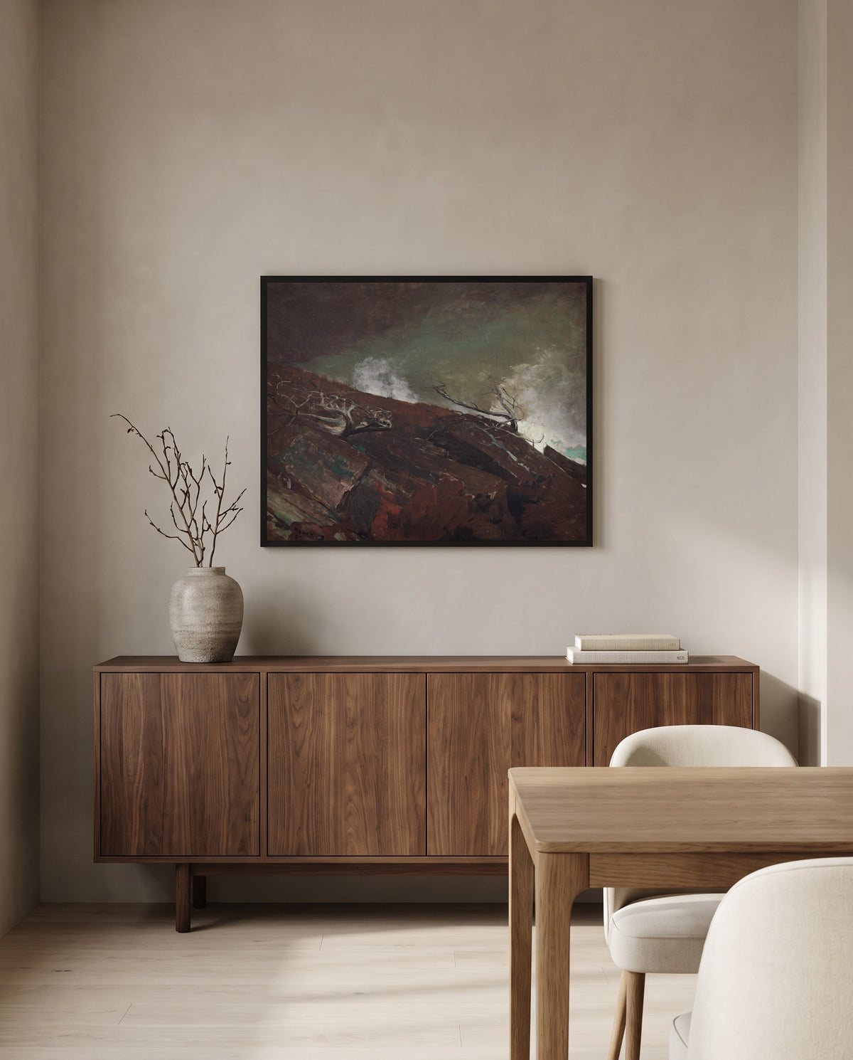 Coast of Maine by Winslow Homer in a black frame above a walnut sideboard in a dining room