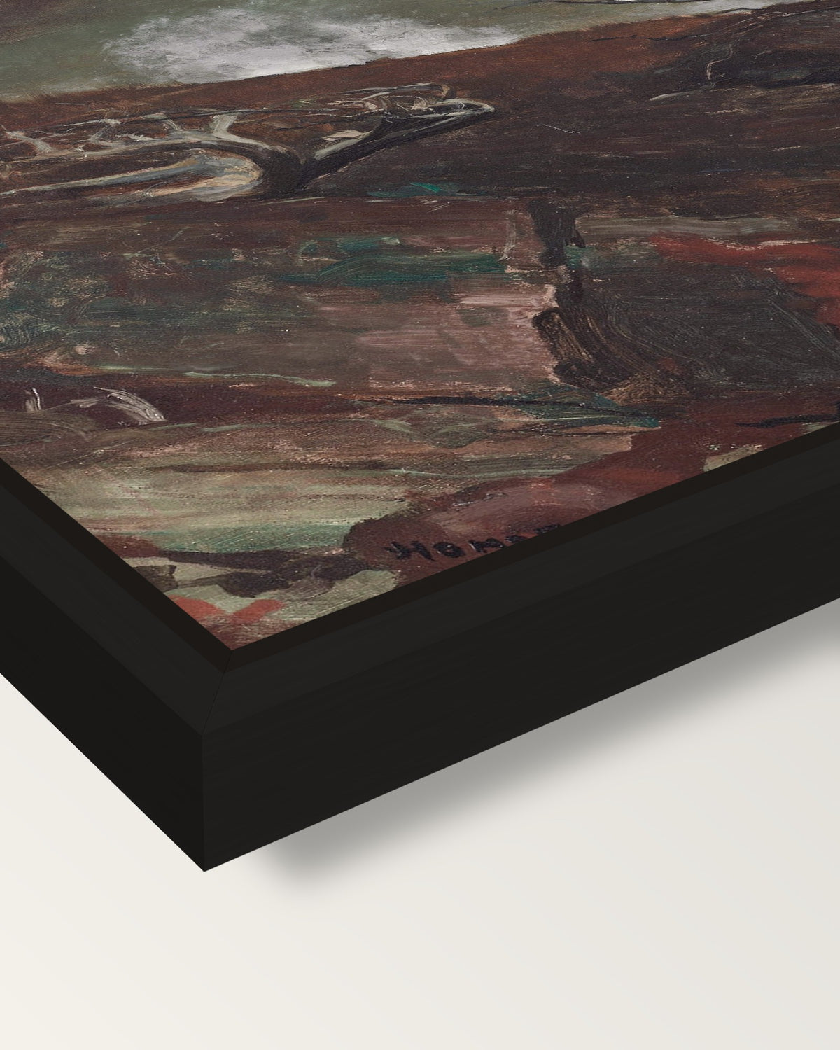 Coast of Maine by Winslow Homer framed canvas, corner close-up: a black floating frame with a shadow gap round the canvas