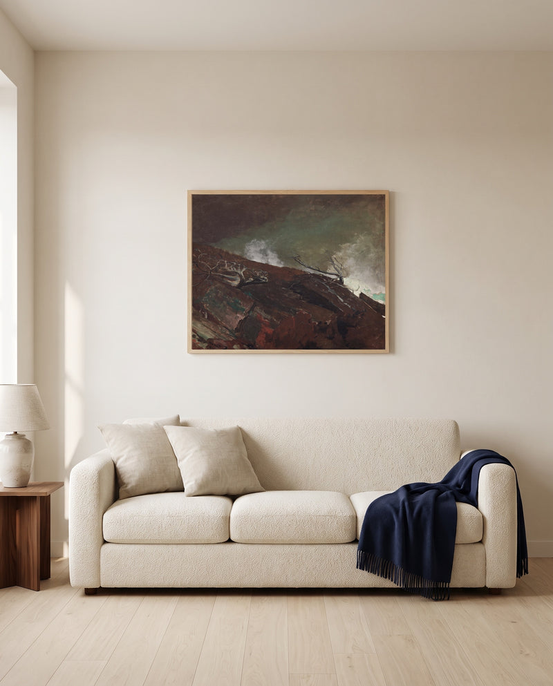 Coast of Maine by Winslow Homer framed in natural oak above a cream sofa in a warm living room