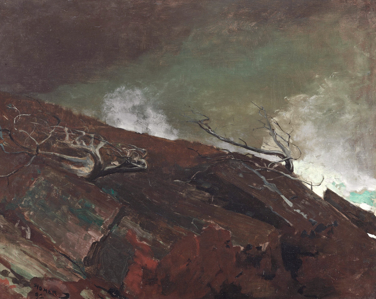 Coast of Maine by Winslow Homer: rugged rust-red rocks on a diagonal shore, white spray and a stormy green-grey sky