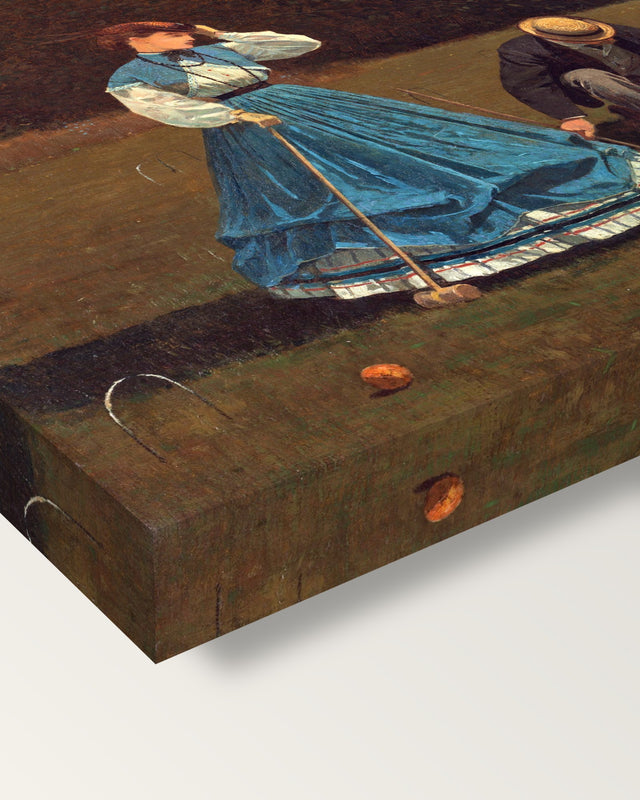 Croquet Scene by Winslow Homer on stretched canvas, corner close-up: the painting mirror-wrapped round the sides