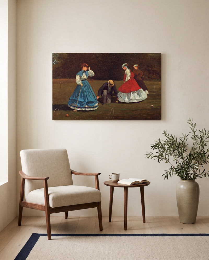 Croquet Scene by Winslow Homer as a stretched canvas above a linen lounge chair in a reading corner