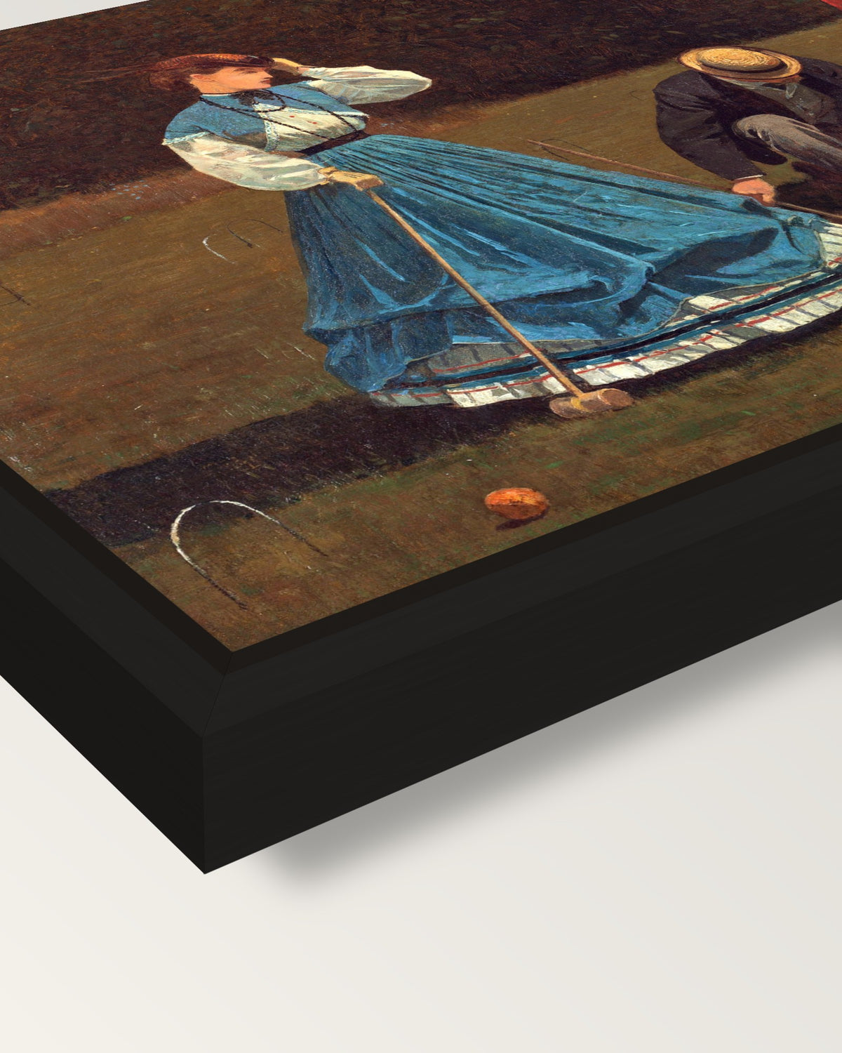Croquet Scene by Winslow Homer framed canvas, corner close-up: a black floating frame with a shadow gap round the canvas