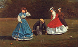 Croquet Scene by Winslow Homer: women in bright dresses and a crouching man playing croquet on a sunny green lawn